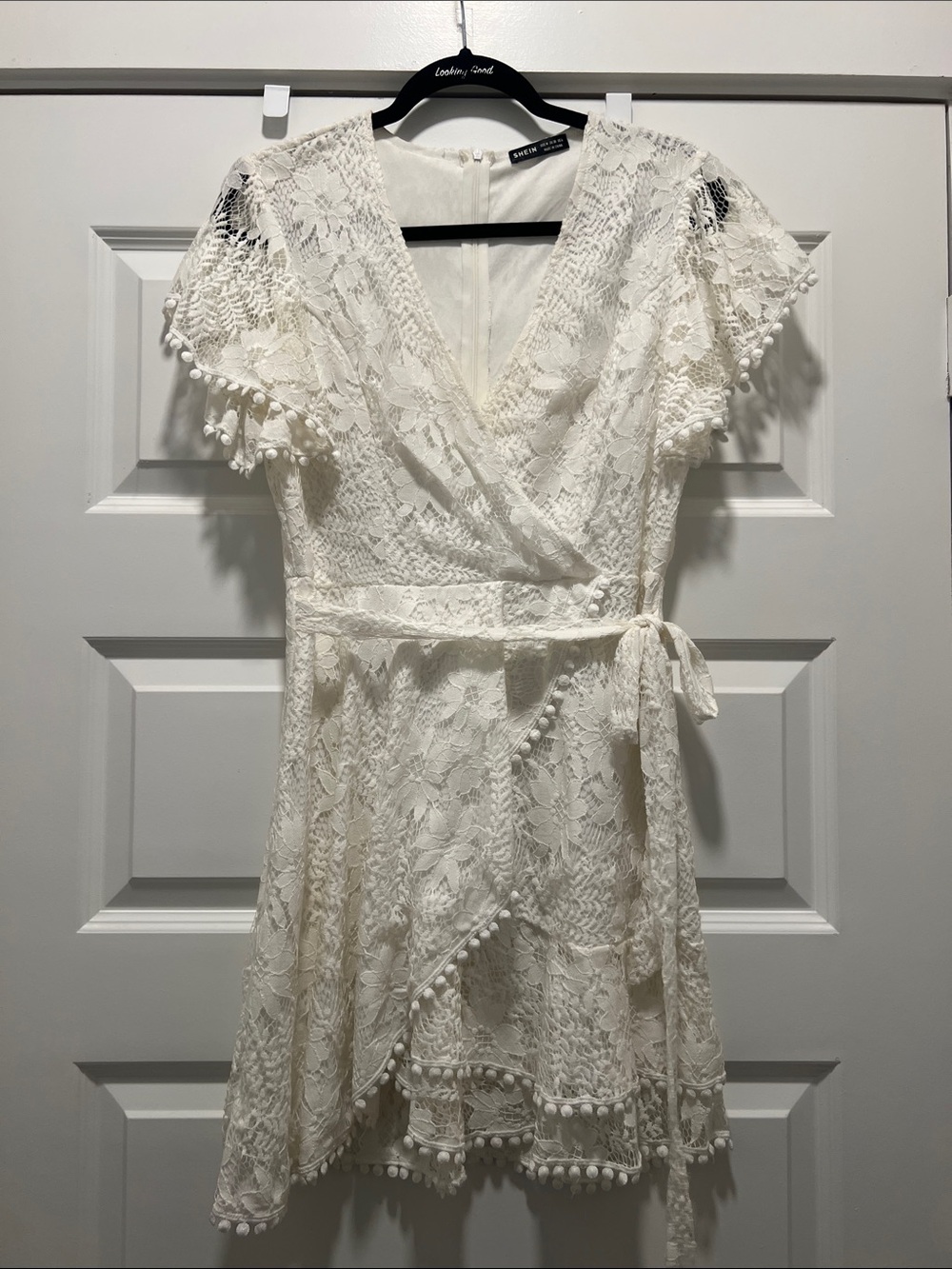 White Lace Faux Wrap Dress with Pom-Pom Trim